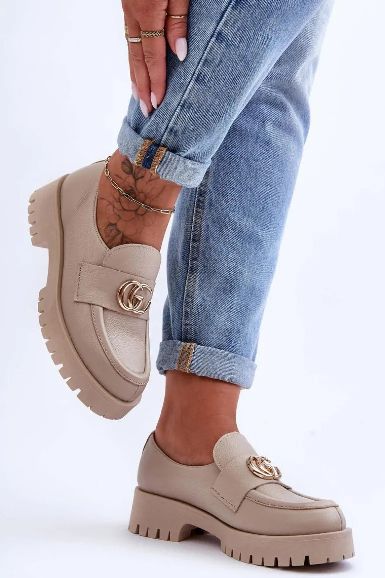 Damskie Półbuty Skórzane Z Ozdobą Beżowe Rosefalls