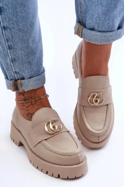 Damskie Półbuty Skórzane Z Ozdobą Beżowe Rosefalls