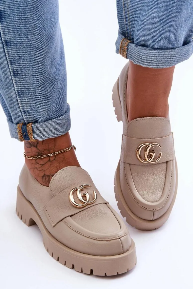 Damskie Półbuty Skórzane Z Ozdobą Beżowe Rosefalls