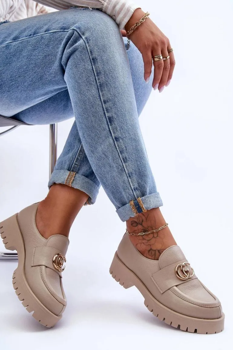 Damskie Półbuty Skórzane Z Ozdobą Beżowe Rosefalls