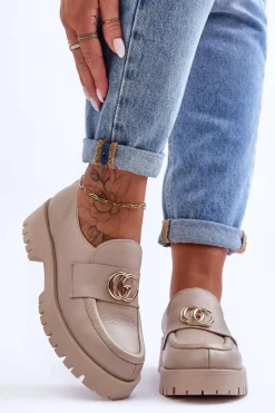 Damskie Półbuty Skórzane Z Ozdobą Beżowe Rosefalls