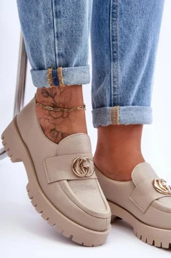 Damskie Półbuty Skórzane Z Ozdobą Beżowe Rosefalls