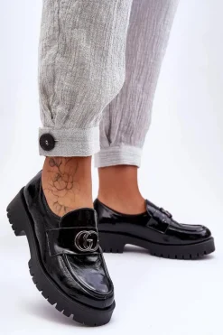 Damskie Półbuty Skórzane Z Ozdobą Czarne Rosefalls