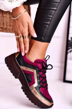 Damskie Półbuty Sneakersy Maciejka Skórzane Bordowe 04731-23