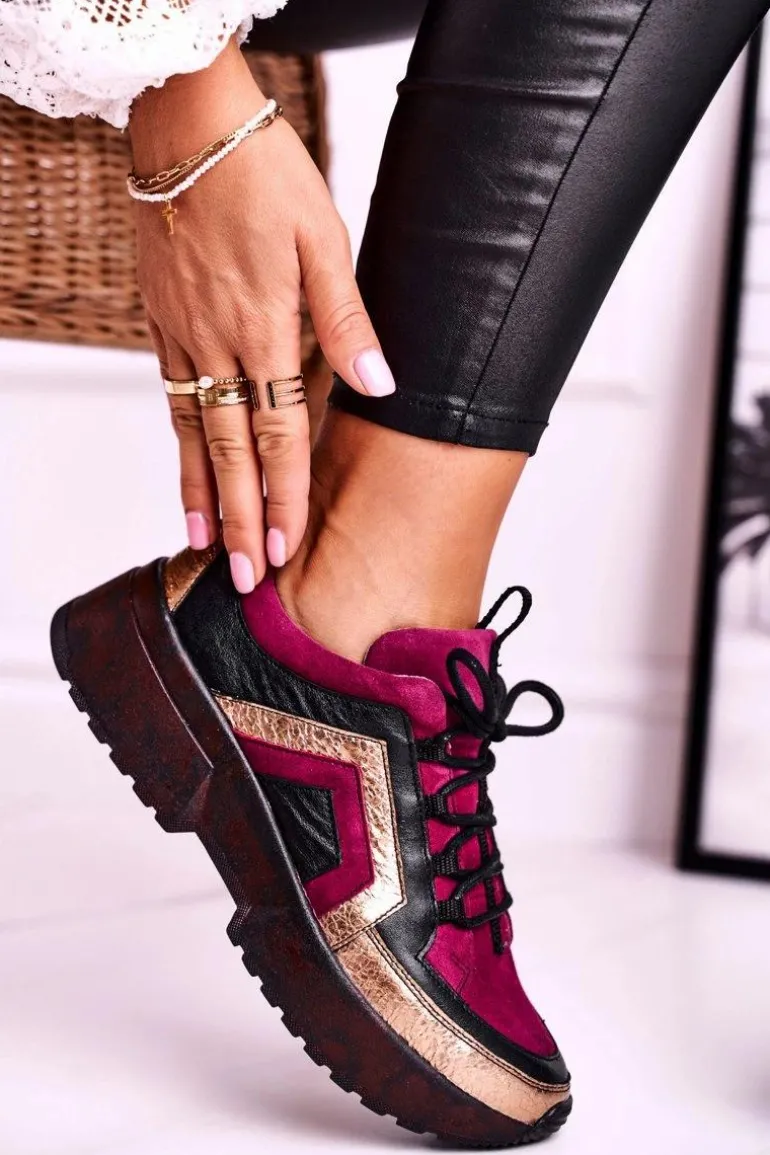 Damskie Półbuty Sneakersy Maciejka Skórzane Bordowe 04731-23