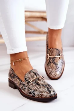 Damskie Półbuty Wężowe Laura Messi 2307 Beżowo-Czarne