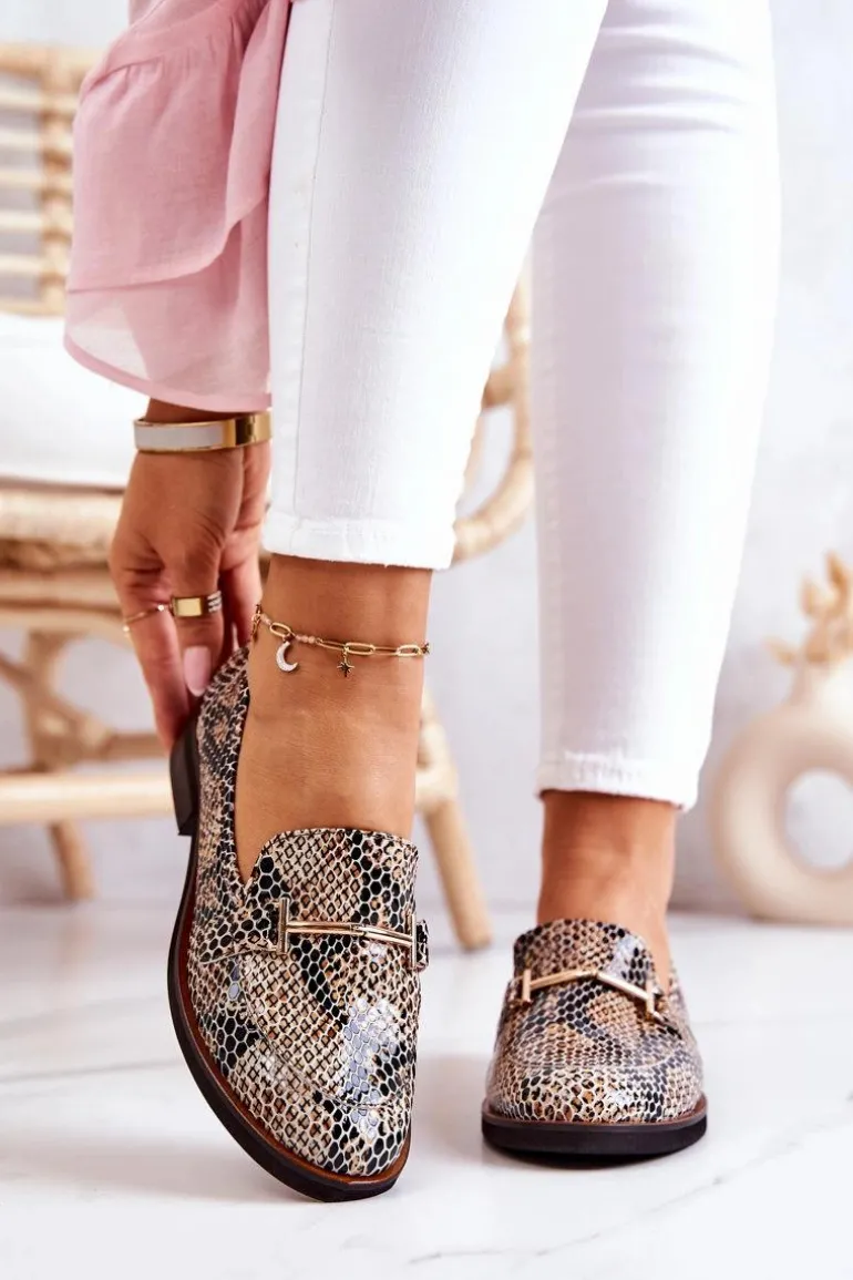 Damskie Półbuty Wężowe Laura Messi 2307 Beżowo-Czarne