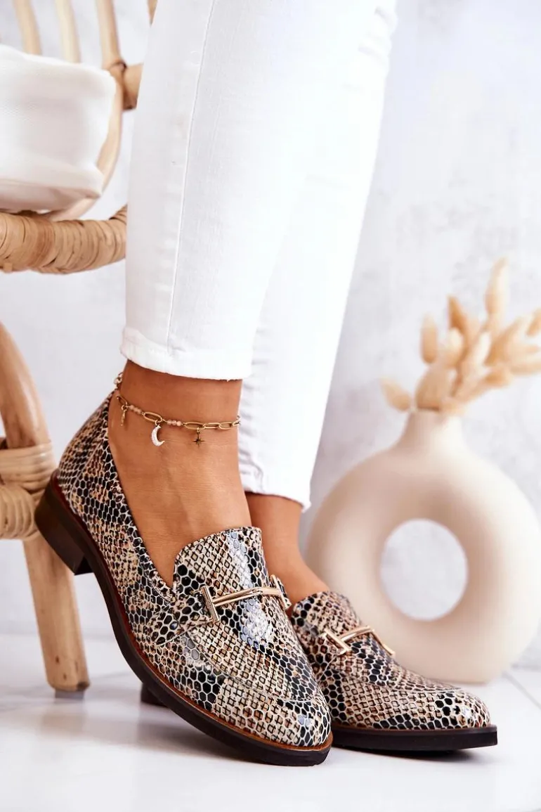 Damskie Półbuty Wężowe Laura Messi 2307 Beżowo-Czarne