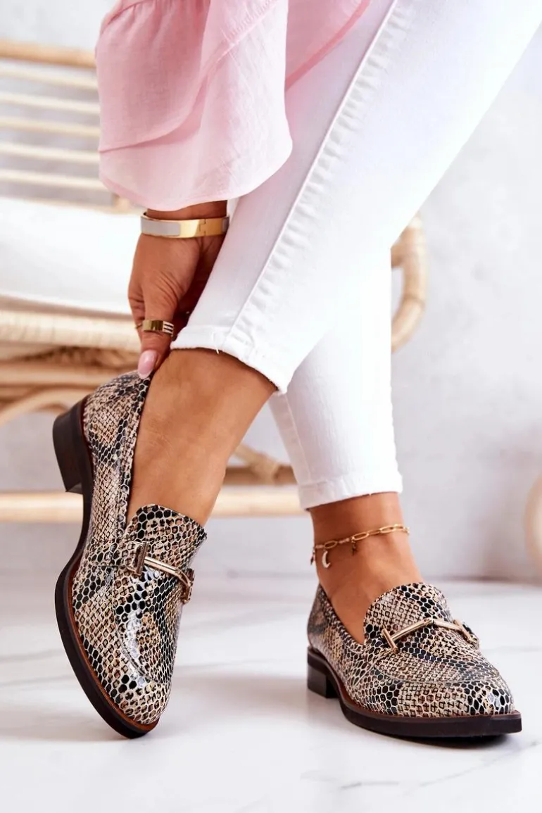 Damskie Półbuty Wężowe Laura Messi 2307 Beżowo-Czarne