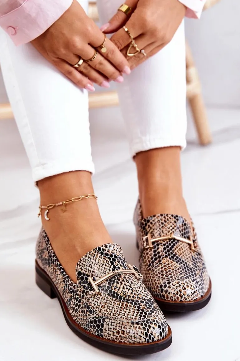 Damskie Półbuty Wężowe Laura Messi 2307 Beżowo-Czarne