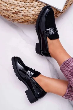 Damskie Półbuty Wsuwane Lakierowane Czarne Delicious