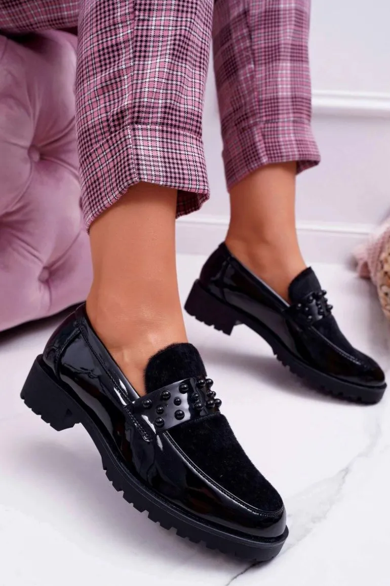 Damskie Półbuty Wsuwane Lakierowane Czarne Delicious