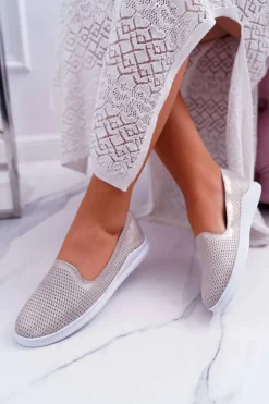 Damskie Półbuty Wsuwane Skórzane Lordsy Złote Lordi