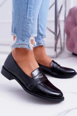 Damskie Półbuty Wsuwane Skórzane Lordsy Czarne Dynasty