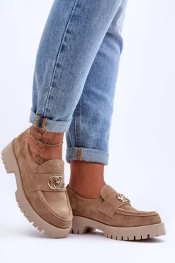 Damskie Półbuty Zamszowe Z Ozdobą Beżowe Rosefalls