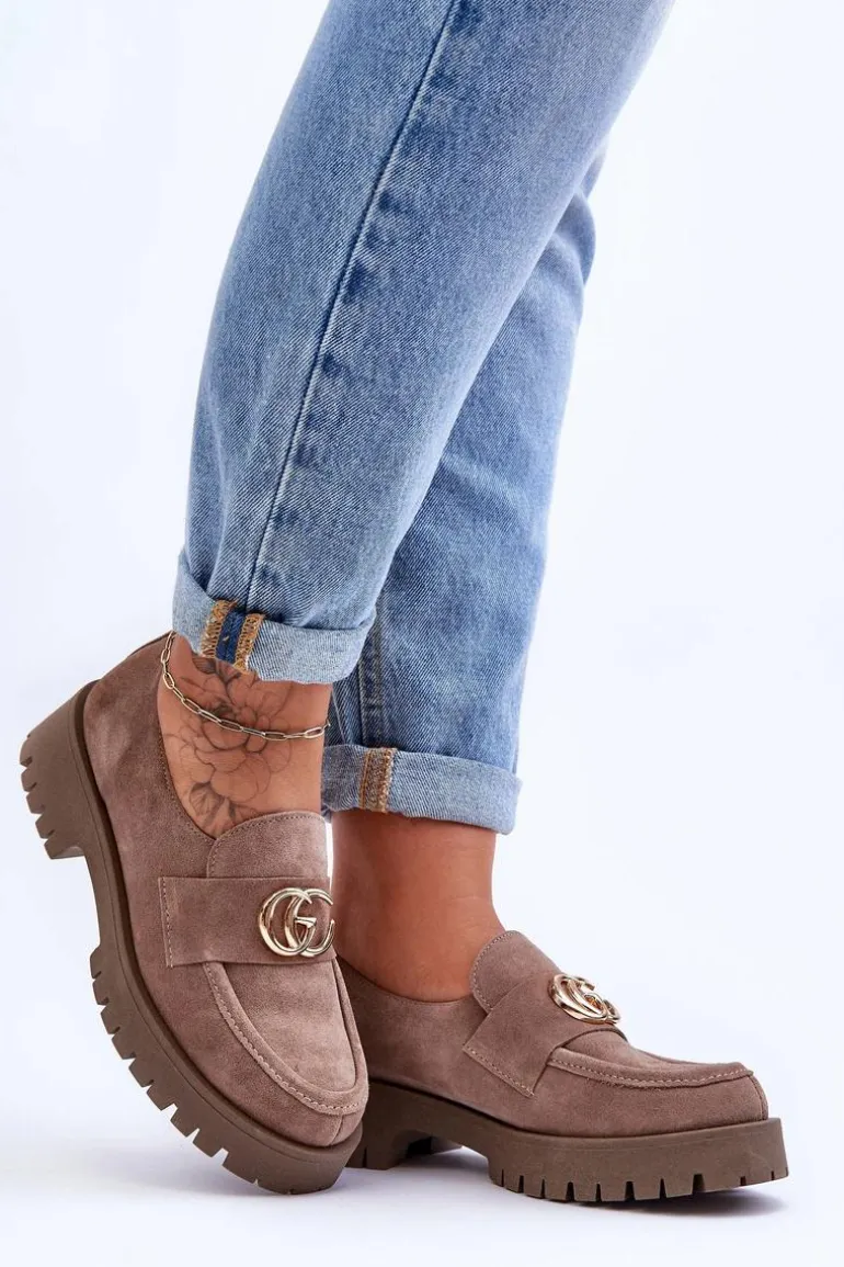 Damskie Półbuty Zamszowe Z Ozdobą Ciemnobeżowe Rosefalls