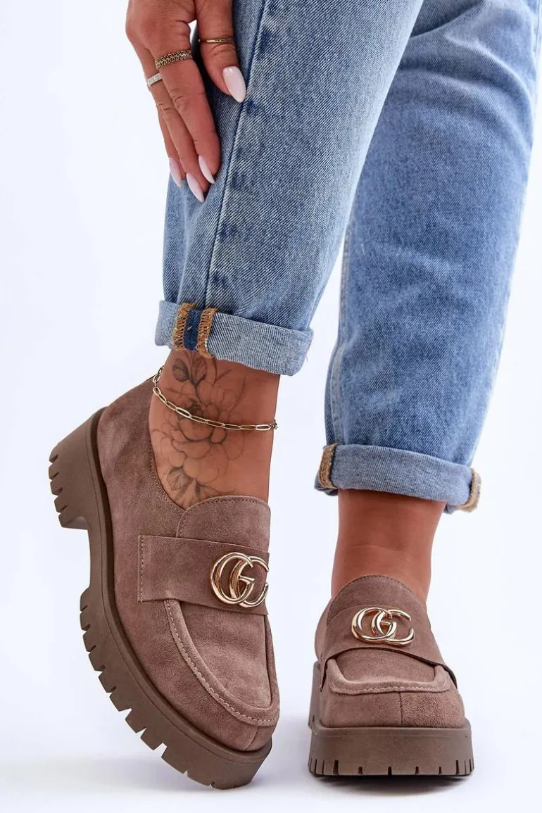 Damskie Półbuty Zamszowe Z Ozdobą Ciemnobeżowe Rosefalls