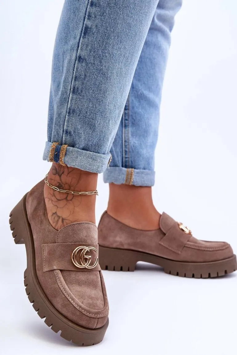 Damskie Półbuty Zamszowe Z Ozdobą Ciemnobeżowe Rosefalls