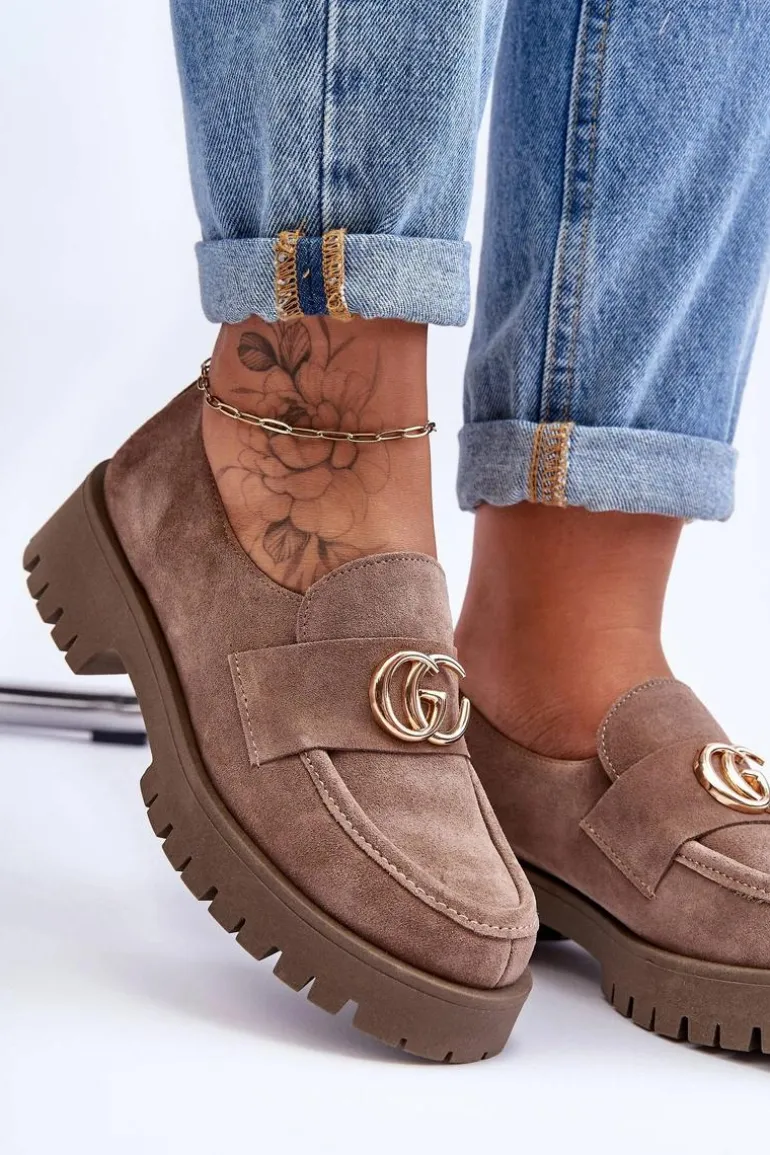 Damskie Półbuty Zamszowe Z Ozdobą Ciemnobeżowe Rosefalls