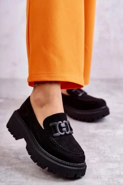 Damskie Półbuty Zamszowe Z Ozdobą Czarne Leeza