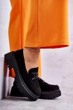 Damskie Półbuty Zamszowe Z Ozdobą Czarne Leeza