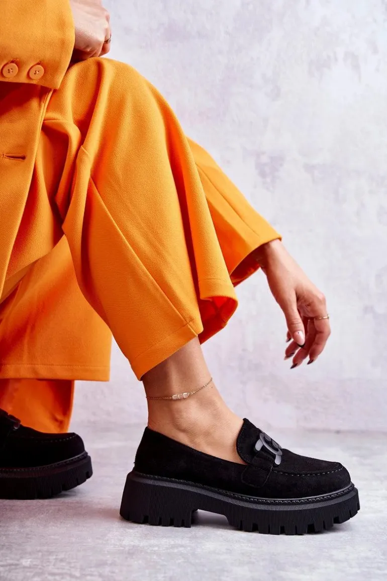 Damskie Półbuty Zamszowe Z Ozdobą Czarne Leeza