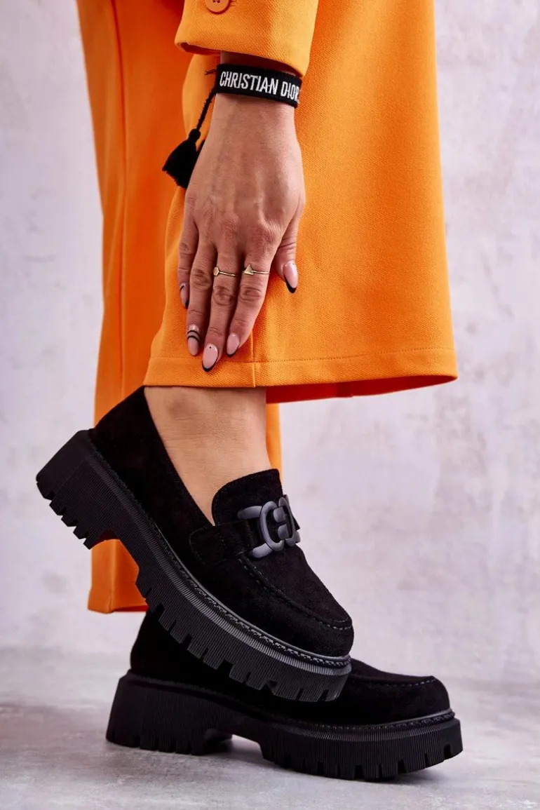 Damskie Półbuty Zamszowe Z Ozdobą Czarne Leeza