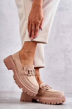 Damskie Półbuty Zamszowe Z Ozdobą Beżowe Leeza