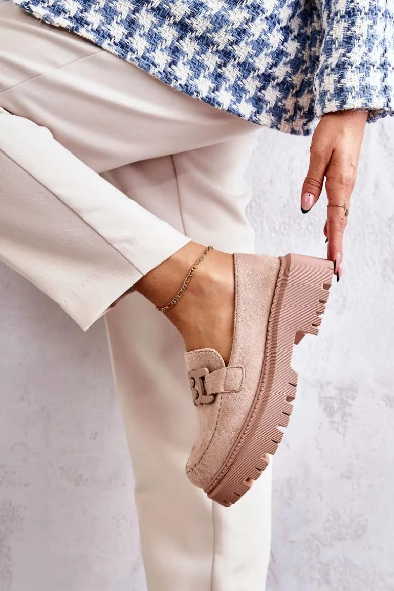 Damskie Półbuty Zamszowe Z Ozdobą Beżowe Leeza