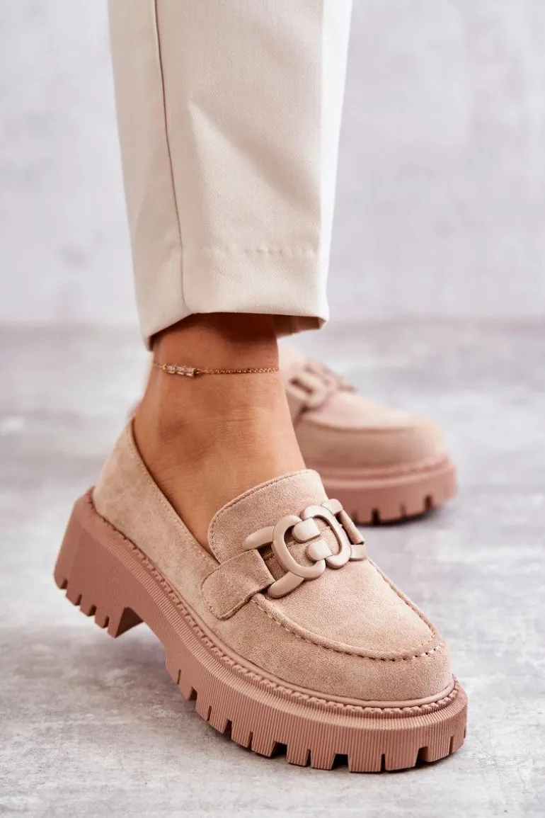 Damskie Półbuty Zamszowe Z Ozdobą Beżowe Leeza