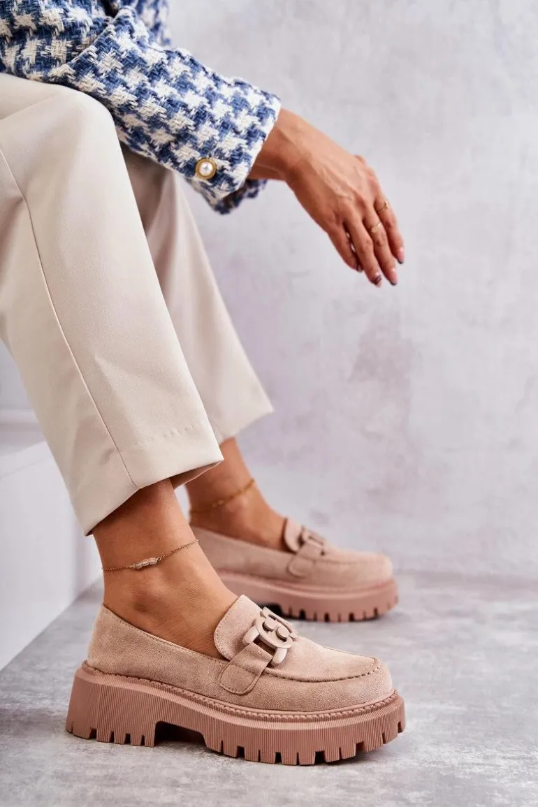 Damskie Półbuty Zamszowe Z Ozdobą Beżowe Leeza