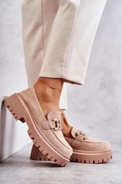 Damskie Półbuty Zamszowe Z Ozdobą Beżowe Leeza