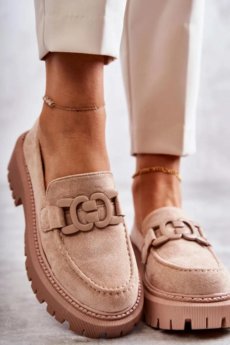 Damskie Półbuty Zamszowe Z Ozdobą Beżowe Leeza