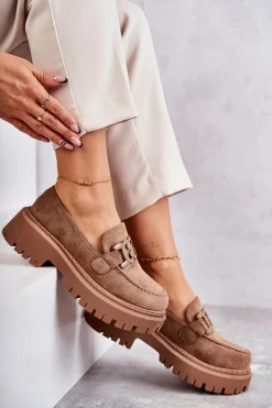 Damskie Półbuty Zamszowe Z Ozdobą Ciemnobeżowe Leeza