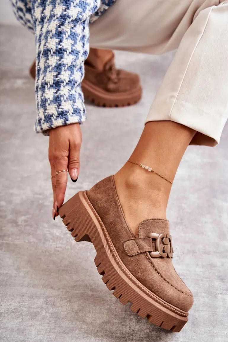 Damskie Półbuty Zamszowe Z Ozdobą Ciemnobeżowe Leeza