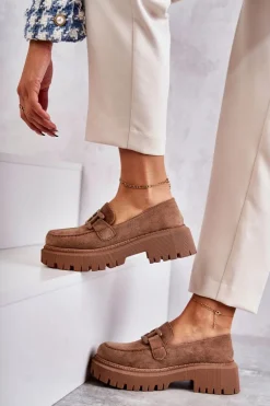 Damskie Półbuty Zamszowe Z Ozdobą Ciemnobeżowe Leeza