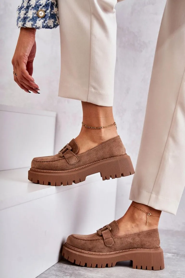 Damskie Półbuty Zamszowe Z Ozdobą Ciemnobeżowe Leeza