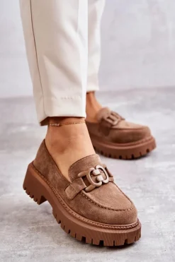 Damskie Półbuty Zamszowe Z Ozdobą Ciemnobeżowe Leeza