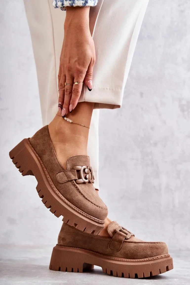 Damskie Półbuty Zamszowe Z Ozdobą Ciemnobeżowe Leeza