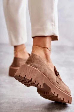 Damskie Półbuty Zamszowe Z Ozdobą Ciemnobeżowe Leeza