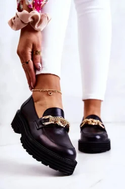 Damskie Półbuty Złota Ozdoba Skórzane Laura Messi 2383 Czarne