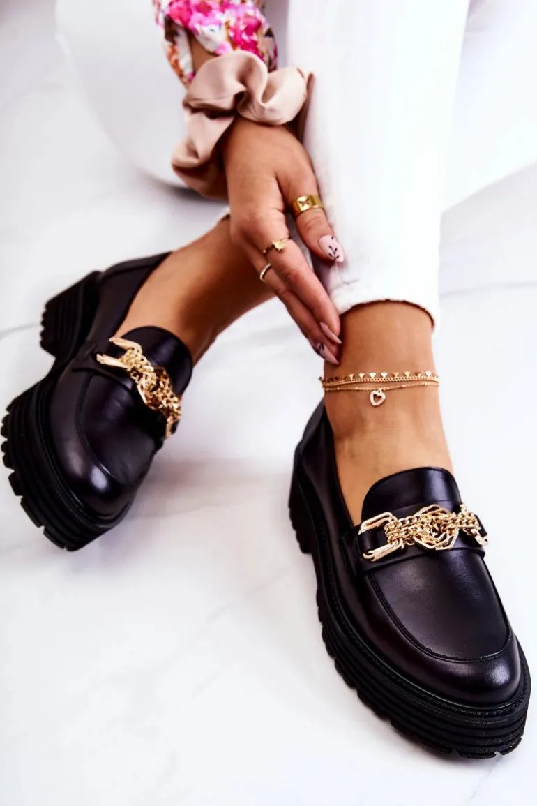 Damskie Półbuty Złota Ozdoba Skórzane Laura Messi 2383 Czarne