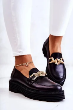 Damskie Półbuty Złota Ozdoba Skórzane Laura Messi 2383 Czarne