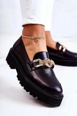 Damskie Półbuty Złota Ozdoba Skórzane Laura Messi 2383 Czarne