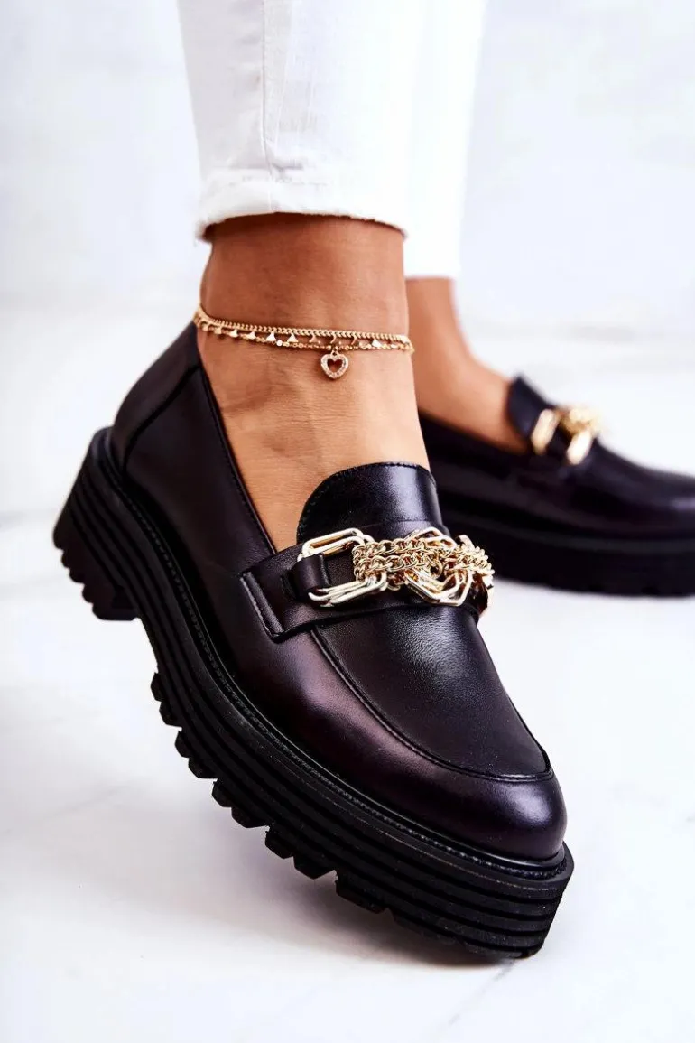 Damskie Półbuty Złota Ozdoba Skórzane Laura Messi 2383 Czarne