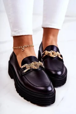 Damskie Półbuty Złota Ozdoba Skórzane Laura Messi 2383 Czarne