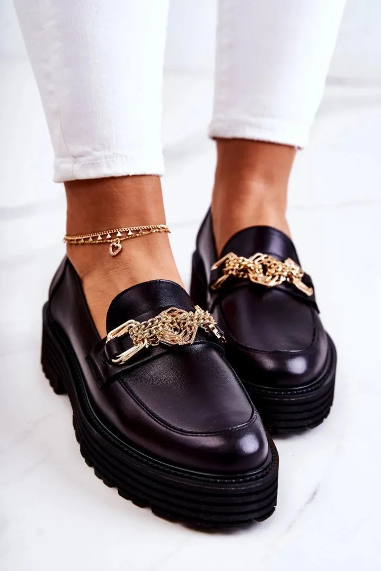 Damskie Półbuty Złota Ozdoba Skórzane Laura Messi 2383 Czarne