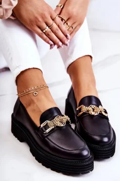 Damskie Półbuty Złota Ozdoba Skórzane Laura Messi 2383 Czarne