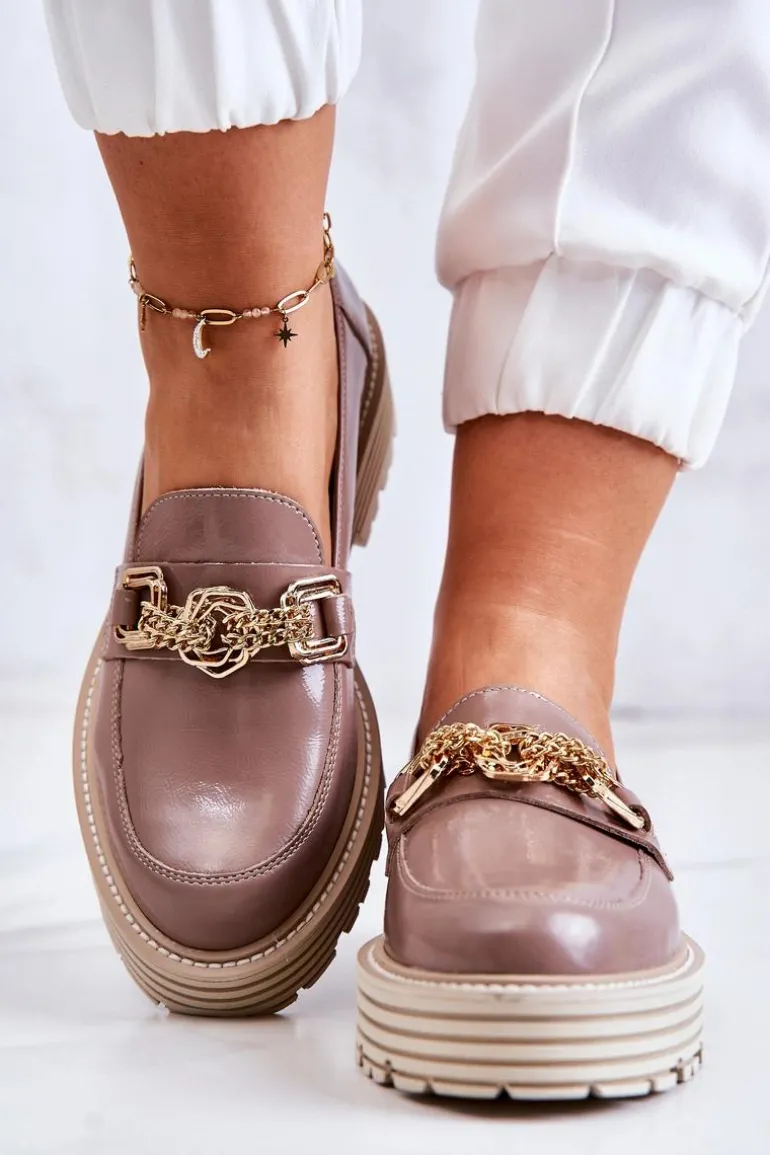 Damskie Półbuty Złota Ozdoba Skórzane Laura Messi 2383 Ciemny Beż