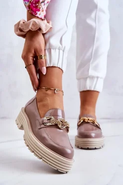 Damskie Półbuty Złota Ozdoba Skórzane Laura Messi 2383 Ciemny Beż